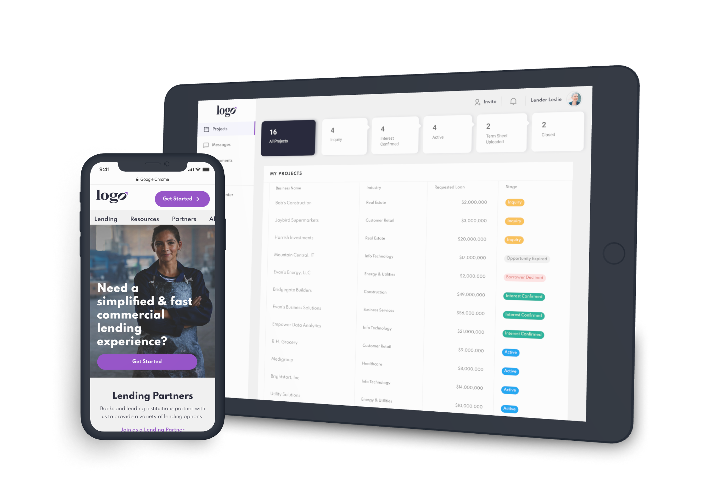 Marketing website on an iPhone with software platform on a horizontal tablet.